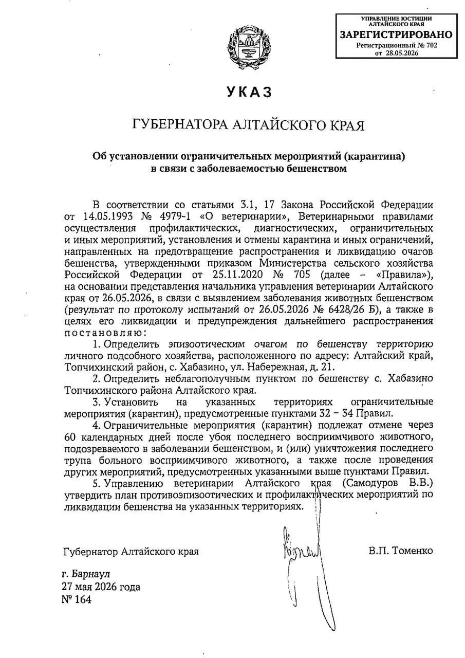 В селе Хабазино Топчихинского района объявлен карантин: выявлен 60-й случай бешенства. Населённый пункт признан неблагополучным, на 60 дней введены ограничительные меры. В Алтайском крае за неполные пять месяцев число случаев уже превысило прошлогодний показатель.