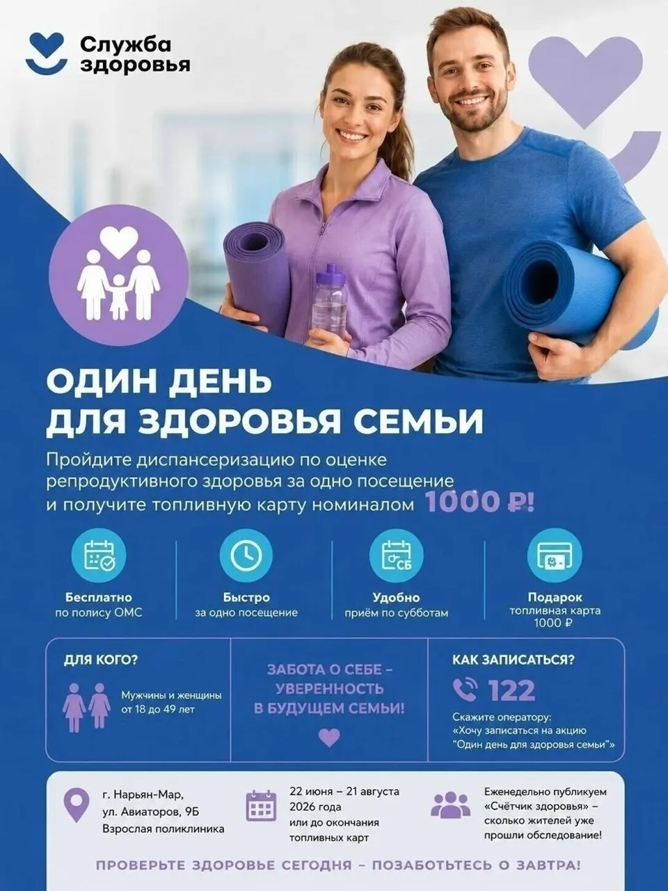 Жителям Ненецкого автономного округа от 18 до 49 лет предлагают получить топливную карту на 1000 рублей за обследование: мужчинам — у уролога, женщинам — у гинеколога с рекомендациями по планированию беременности. Всего планируется раздать 100 карт; к 10 июля их получили 77 человек.