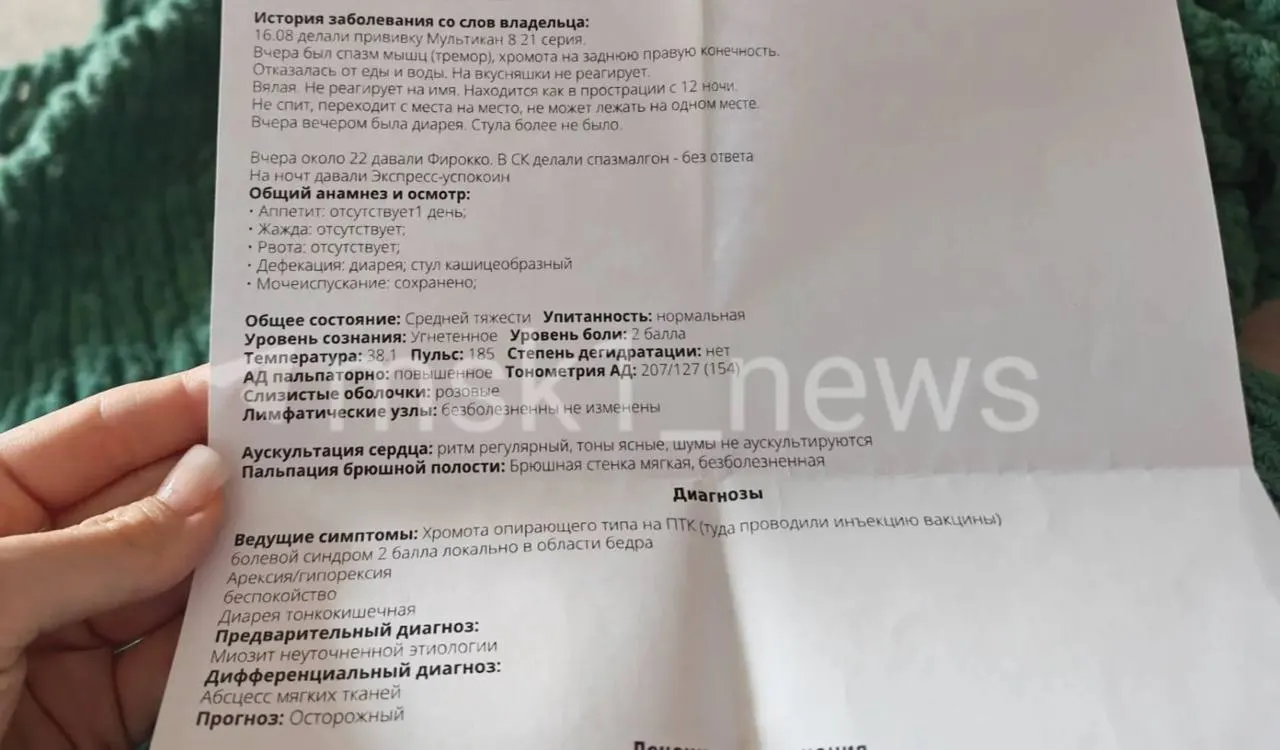 У двух собак после вакцинации наблюдались тяжелые симптомы; одна умерла. Производитель вакцины утверждает, что прямой связи на данный момент не выявлено; проводится проверка партии.