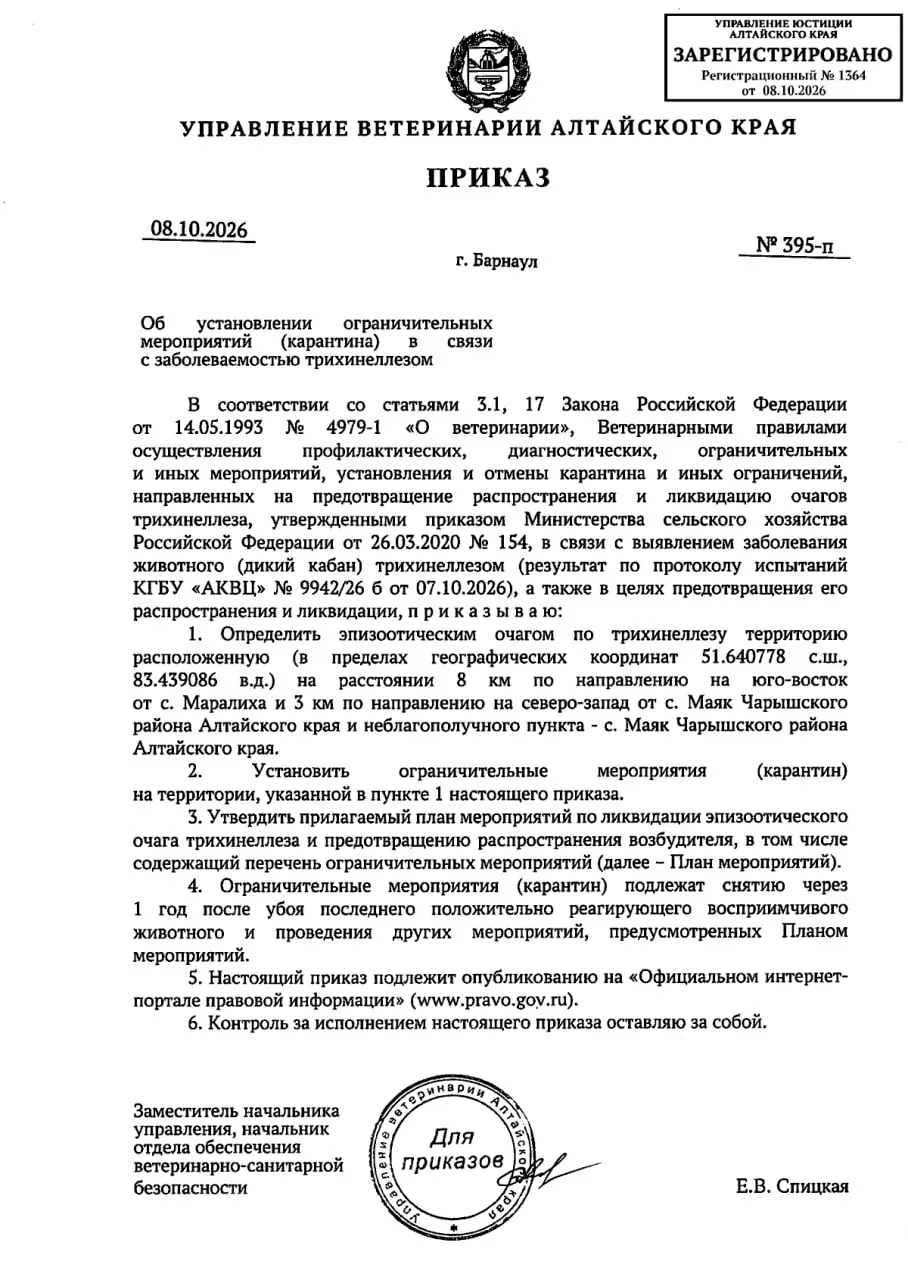 В Алтайском крае выявлены два очага трихинеллеза; введён карантин в двух районах; источниками инфекции стали дикий кабан и личное хозяйство.