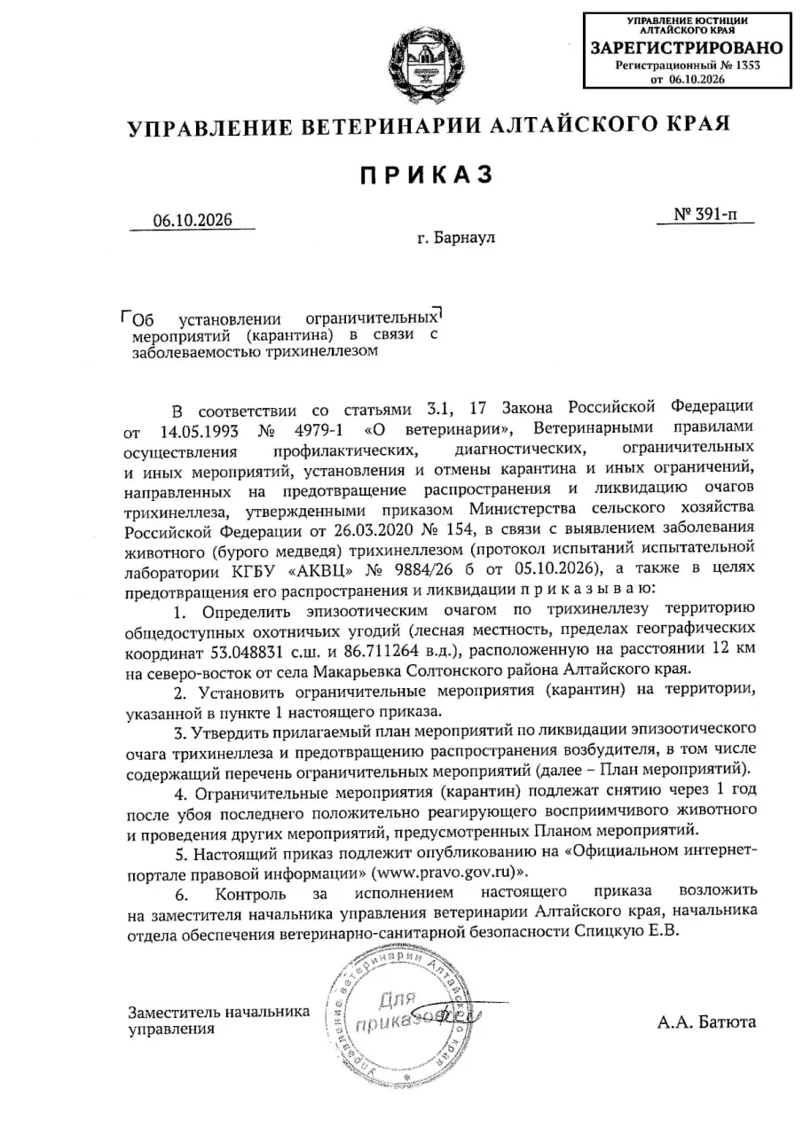 В охотничьих угодьях региона зафиксирован очаг трихинеллеза у бурого медведя; введён карантин, запрещена охота и вывоз кормов, проводятся пробы и дезинфекция.